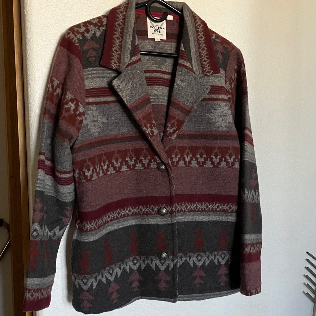 Southwestern Print Button Blazer With Pockets By Cotton Rye In Gray & Burgundy